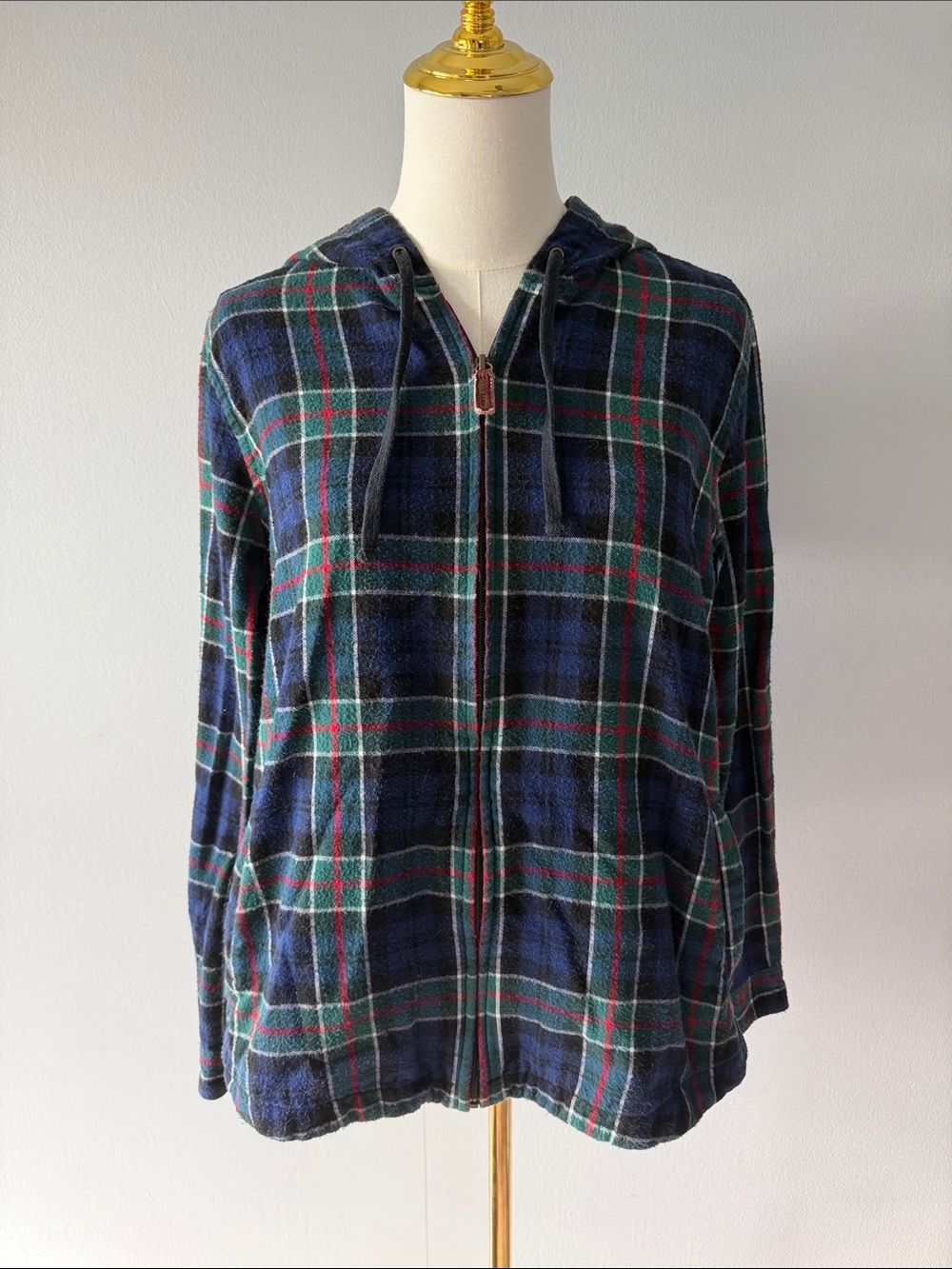 L.L. Bean Blue and Green Plaid Hooded Zip Jacket